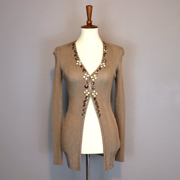 Blumarine Sweater Vneck Cardigan Long Shell Embellished Metallic IT 38 - Sz 4 XS